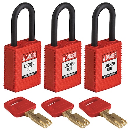 Lockout Padlock, Keyed Alike, Nylon, Red, 1 1/2 in Shackle Height, 1 1/2 in Body Width, 3 PK MPN:NYL-RED-38PL-KA3PK