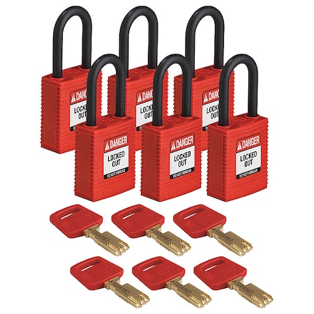 Lockout Padlock, Keyed Different, Nylon, Red, 1 1/2 in Shackle Height, 1 1/2 in Body Width, 6 PK MPN:NYL-RED-38PL-KD6PK
