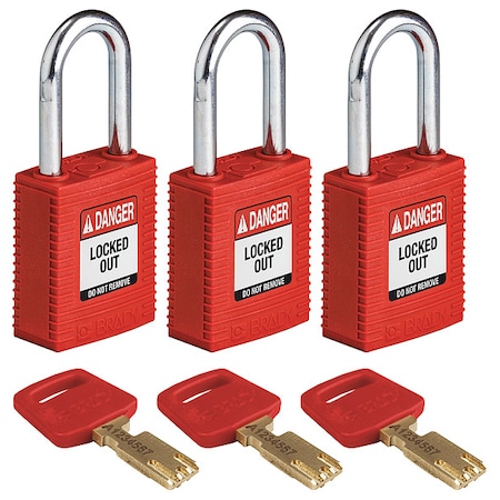 Lockout Padlock, Keyed Alike, Nylon, Red, 1 1/2 in Shackle Height, 1 1/2 in Body Width, 3 PK MPN:NYL-RED-38ST-KA3PK
