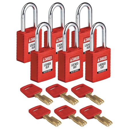Lockout Padlock, Keyed Alike, Nylon, Red, 1 1/2 in Shackle Height, 1 1/2 in Body Width, 6 PK MPN:NYL-RED-38ST-KA6PK