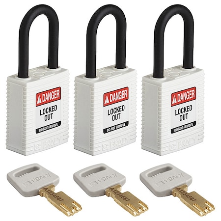 Lockout Padlock, Keyed Alike, Nylon, White, 1 1/2 in Shackle Height, 1 1/2 in Body Width, 3 PK MPN:NYL-WHT-38PL-KA3PK