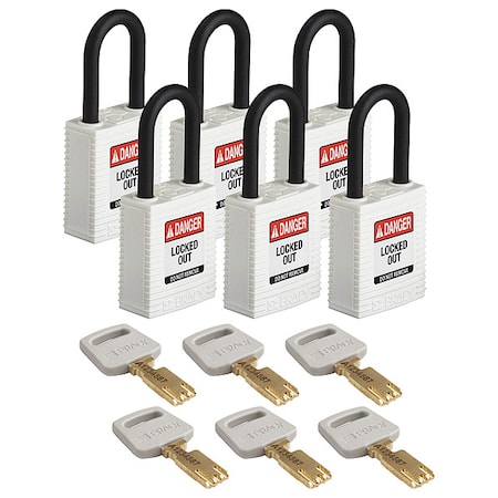 Lockout Padlock, Keyed Alike, Nylon, White, 1 1/2 in Shackle Height, 1 1/2 in Body Width, 6 PK MPN:NYL-WHT-38PL-KA6PK