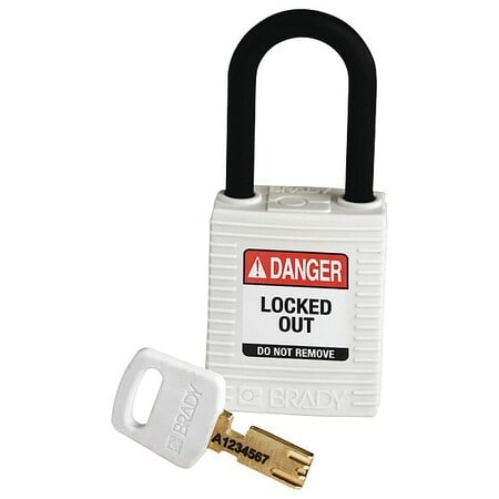 Lockout Padlock, Keyed Different, Nylon, White, 1 1/2 in Shackle Height, 1 1/2 in Body Width MPN:NYL-WHT-38PL-KD