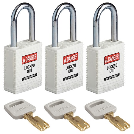 Lockout Padlock, Keyed Alike, Nylon, White, 1 1/2 in Shackle Height, 1 1/2 in Body Width, 3 PK MPN:NYL-WHT-38ST-KA3PK
