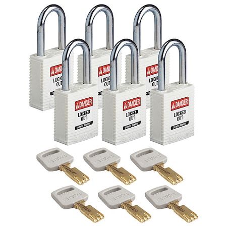 Lockout Padlock, Keyed Different, Nylon, White, 1 1/2 in Shackle Height, 1 1/2 in Body Width, 6 PK MPN:NYL-WHT-38ST-KD6PK