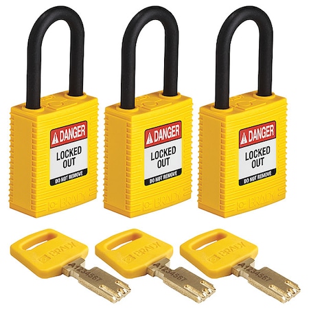 Lockout Padlock, Keyed Alike, Nylon, Yellow, 1 1/2 in Shackle Height, 1 1/2 in Body Width, 3 PK MPN:NYL-YLW-38PL-KA3PK