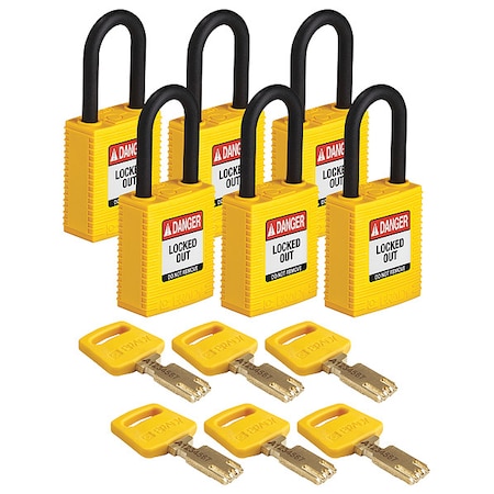 Lockout Padlock, Keyed Alike, Nylon, Yellow, 1 1/2 in Shackle Height, 1 1/2 in Body Width, 6 PK MPN:NYL-YLW-38PL-KA6PK