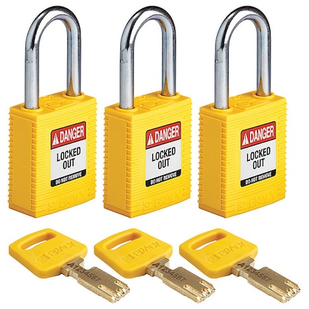 Lockout Padlock, Keyed Alike, Nylon, Yellow, 1 1/2 in Shackle Height, 1 1/2 in Body Width, 3 PK MPN:NYL-YLW-38ST-KA3PK