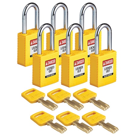 Lockout Padlock, Keyed Alike, Nylon, Yellow, 1 1/2 in Shackle Height, 1 1/2 in Body Width, 6 PK MPN:NYL-YLW-38ST-KA6PK