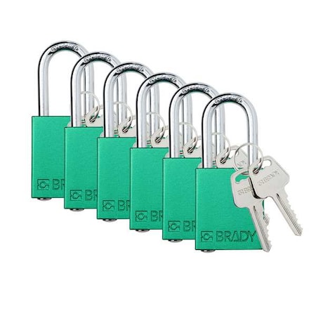 Padlock, Keyed Different, Aluminum, Green, 1 1/2 in Shackle Height, 1 1/2 in Body Width, 6 PK MPN:SDAL-GRN-38ST-KD6
