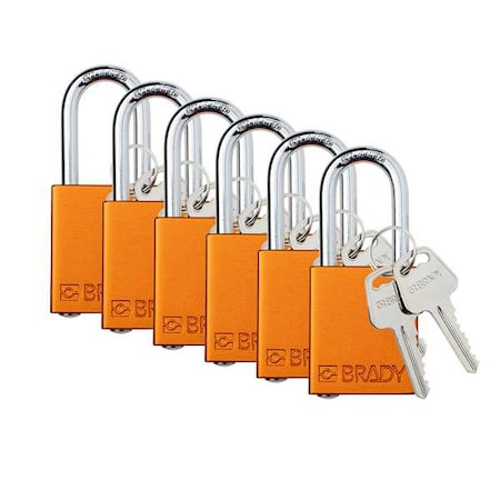 Padlock, Keyed Different, Aluminum, Orange, 1 1/2 in Shackle Height, 1 1/2 in Body Width, 6 PK MPN:SDAL-ORG-38ST-KD6