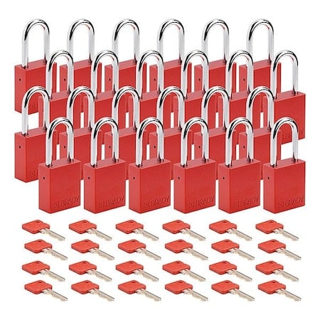 Padlock, Keyed Different, Aluminum, Red, 1 1/2 in Shackle Height, 1 1/2 in Body Width, 24 PK MPN:SDAL-RED-38ST-KD24