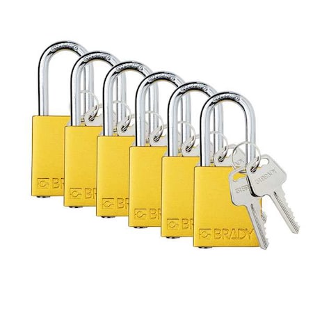 Padlock, Keyed Alike, Aluminum, Yellow, 1 1/2 in Shackle Height, 1 1/2 in Body Width, 6 PK MPN:SDAL-YLW-38ST-KA6