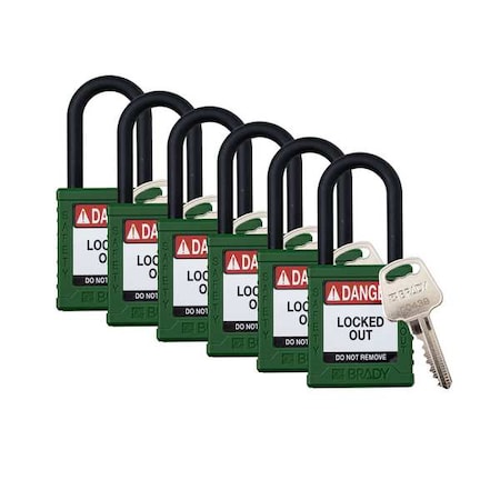 Padlock, Keyed Different, Nylon, Green, 1 1/2 in Shackle Height, 1 1/2 in Body Width, 6 No. of Keys MPN:SDPL-GRN-38PL-KD6