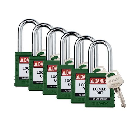 Padlock, Keyed Alike, Nylon, Green, 1 1/2 in Shackle Height, 1 1/2 in Body Width, 6 No. of Keys MPN:SDPL-GRN-38ST-KA6