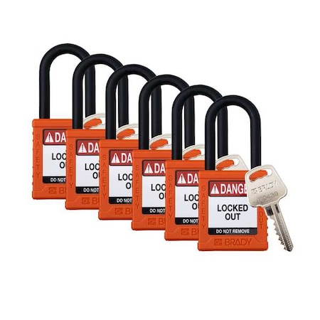Padlock, Keyed Different, Nylon, Orange, 1 1/2 in Shackle Height, 1 1/2 in Body Width, 6 PK MPN:SDPL-ORG-38PL-KD6