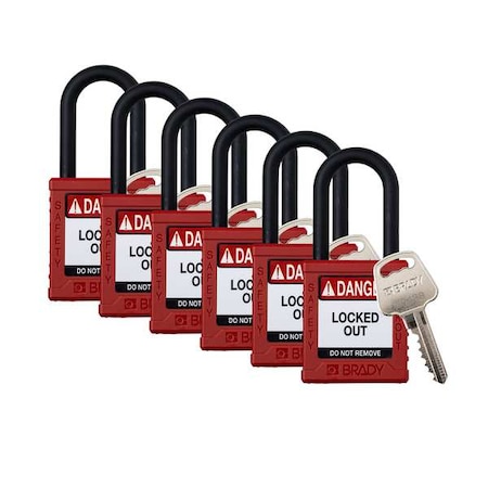 Padlock, 6 Pins, Red, PK6, Keyed Alike, Nylon, Red, 1 1/2 in Shackle Height, 1 1/2 in Body Width, 6 PK MPN:SDPL-RED-38PL-KA6