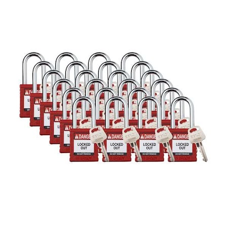 Padlock, Keyed Different, Nylon, Red, 1 1/2 in Shackle Height, 1 1/2 in Body Width, 48 No. of Keys MPN:SDPL-RED-38ST-KD24