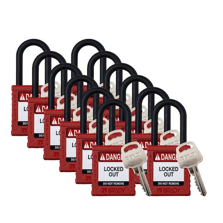 Padlock, Keyed Different, Nylon, Red, 1 1/2 in Shackle Height, 1 1/2 in Body Width, 12 No. of Keys MPN:Y6083286