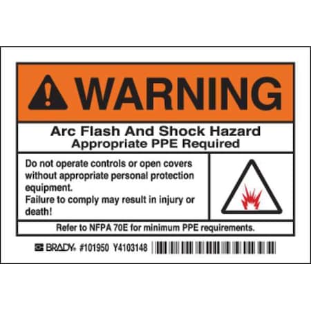 Arc Flash Protection Label, 3 1/2 in Height, 5 in Width, Polyester, Horizontal Rectangle, English MPN:101950