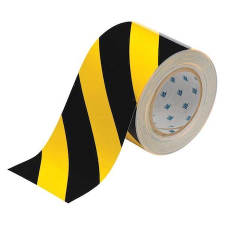 Floor Marking Tape, Polyester, No Legend, Black, Yellow, 4 in W., 8 mil Thickness MPN:104377