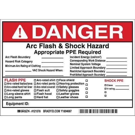 Arc Flash Protection Label, PK5, 121078 MPN:121078