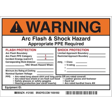 Arc Flash Protection Label, 5 In. H, PK5, 121085 MPN:121085