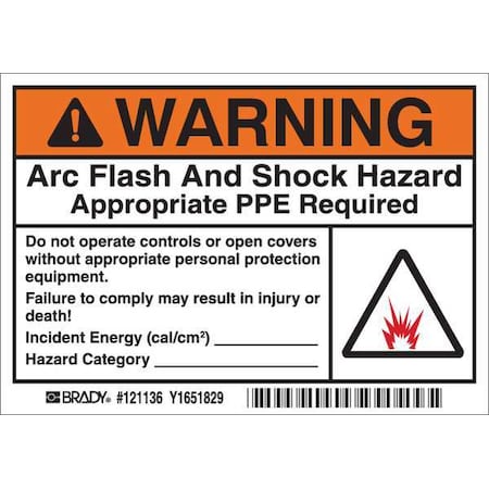 Arc Flash Label, 3-1/2 In. H, 5 In. W, PK5, 121136 MPN:121136