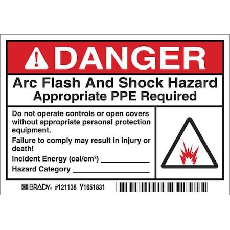 Arc Flash Label, 3 1/2 in Height, 5 in Width, Vinyl, Horizontal Rectangle, English MPN:121138