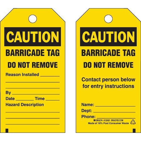 Caution Tag, Lockout Tagout, Polyester, 5 3/4 in H x 3 in W, Black, Yellow, Rectangle, 25 PK MPN:132421