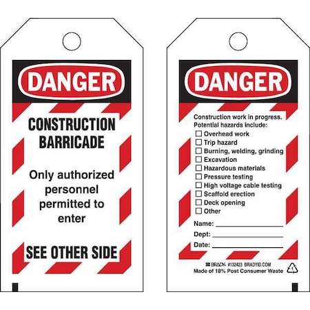 Caution Tag, Construction, Polyester, 5 3/4 in H x 3 in W, Black, Red, White, Rectangle, 25 PK MPN:132423