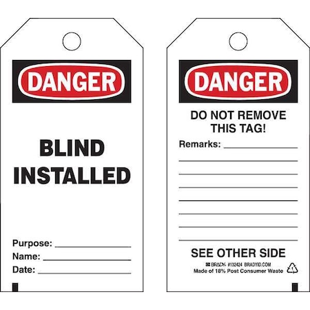 Danger Tag, Information, Polyester, 5 3/4 in H x 3 in W, Black, Red, White, Rectangle, 25 PK MPN:132424