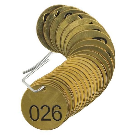 Numbered Tag, Brass, 1 1/2 in H x 1 1/2 in W, 1 1/2 in Dia., Brass, Round, 25 PK MPN:23201