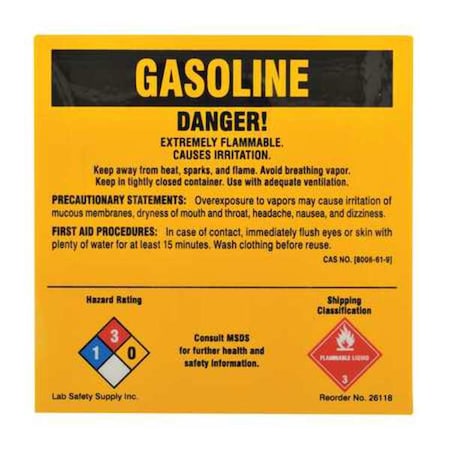 Label, Gasoline, Polyester, 5 in W, 5 in H MPN:26118LS