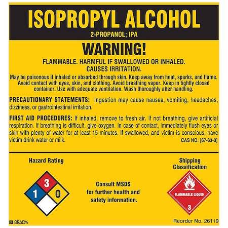 ISOPROPYL ALCOHOL, ISOPROPYL ALCOHOL, 5 in W x 5 in H MPN:26119LS