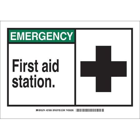 Emergency, First Aid Station., 14 in W x 10 in H, Rectangle, Aluminum, 46759 MPN:46759