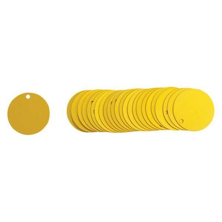 Blank Tag, Aluminum, 2 in H x 2 in W, 2 in Dia., Yellow, Round, 25 PK MPN:49905