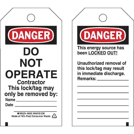 Danger Tag, Polyester, 5 3/4 in H x 3 in W, Rectangle, 25 PK MPN:50253