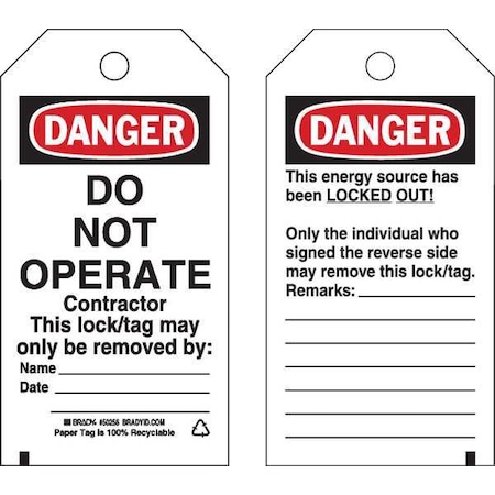 Danger Tag, Cardstock, 5 3/4 in H x 3 in W, Rectangle, 25 PK MPN:50256