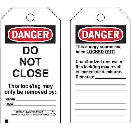 Danger Tag, Polyester, 5 1/2 in H x 3 in W, Rectangle, 25 PK MPN:50265