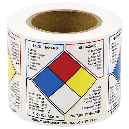 Label, Health Hazard Fire Hazard Specific Hazard, Paper, 4 in W, 4 in H MPN:53069