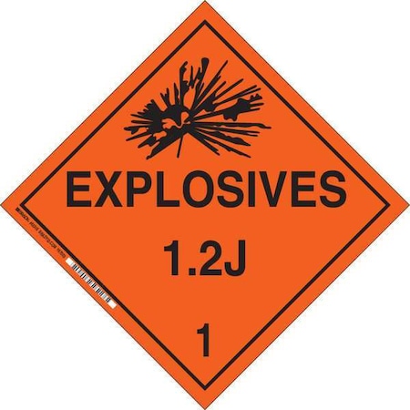 DOT Container Placard, Explosives 1.2 J 1, B-946 Pressure Sensitive Vinyl, 10-3/4