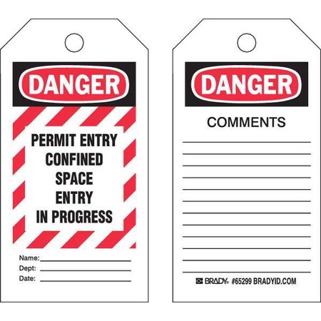 Danger Tag, Confined Space, Polyester, 5 3/4 in H x 3 in W, Black, Red, White, Rectangle, 25 PK MPN:65270