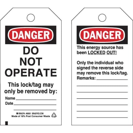 Danger Tag, Cardstock, 5 3/4 in H x 3 in W, Black/Red on White, Rectangle, 25 PK MPN:65408