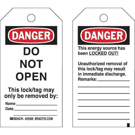 Danger Tag, Cardstock, 5 3/4 in H x 3 in W, Black/Red on White, Rectangle, 25 PK MPN:65447