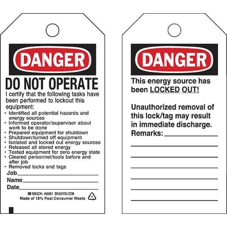Danger Tag, Cardstock, 5 3/4 in H x 3 in W, Rectangle, 25 PK MPN:65449