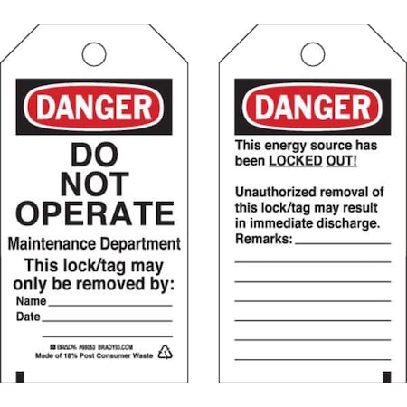 Danger Tag, 5-1/2 x 3 In, Hd Polyest, PK25, 65503 MPN:65503