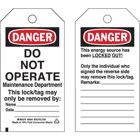 Danger Tag, Polyester, 5 1/2 in H x 3 in W, Rectangle, 25 PK MPN:65521