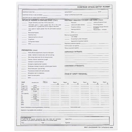 Confined Space Entry Permits, Paper, 11 in H x 8 1/2 in W, Black, White, 25 PK MPN:65936