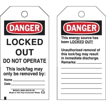 Danger Tag, 5-3/4 x 3 In, OSHA, Brs, PK25, 66066 MPN:66066
